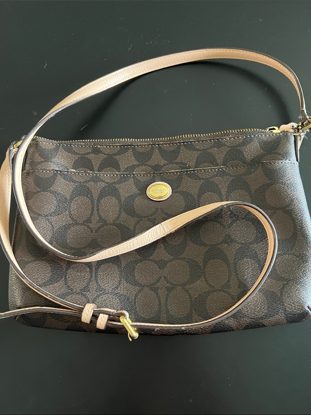 Coach Brown Signature Canvas Crossbody with Tan Leather Strap